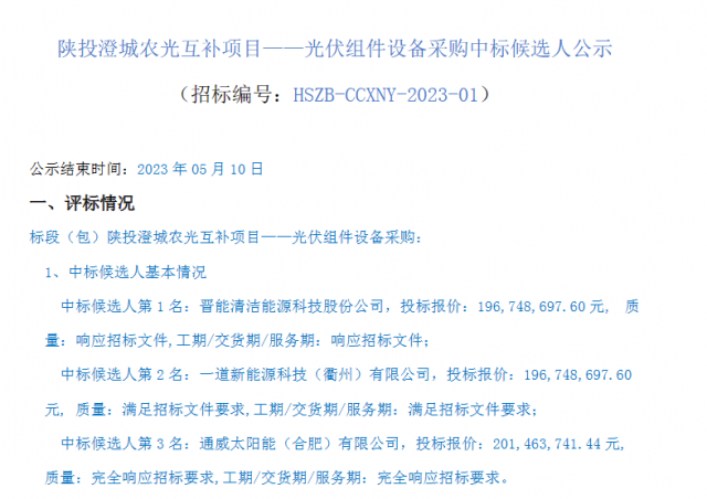 最低1.61元/W！這些企業(yè)擬中標陜投澄城農(nóng)光互補項目組件采購